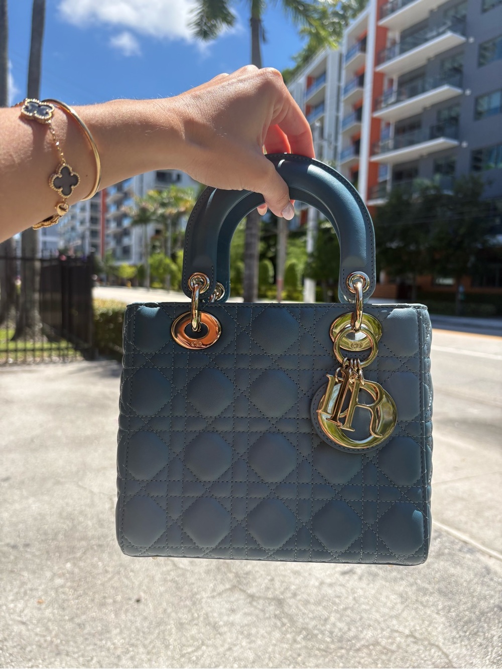 Dior Lady Dior Small Quilted Top-Handle Bag - Teal Blue with Gold Hardware